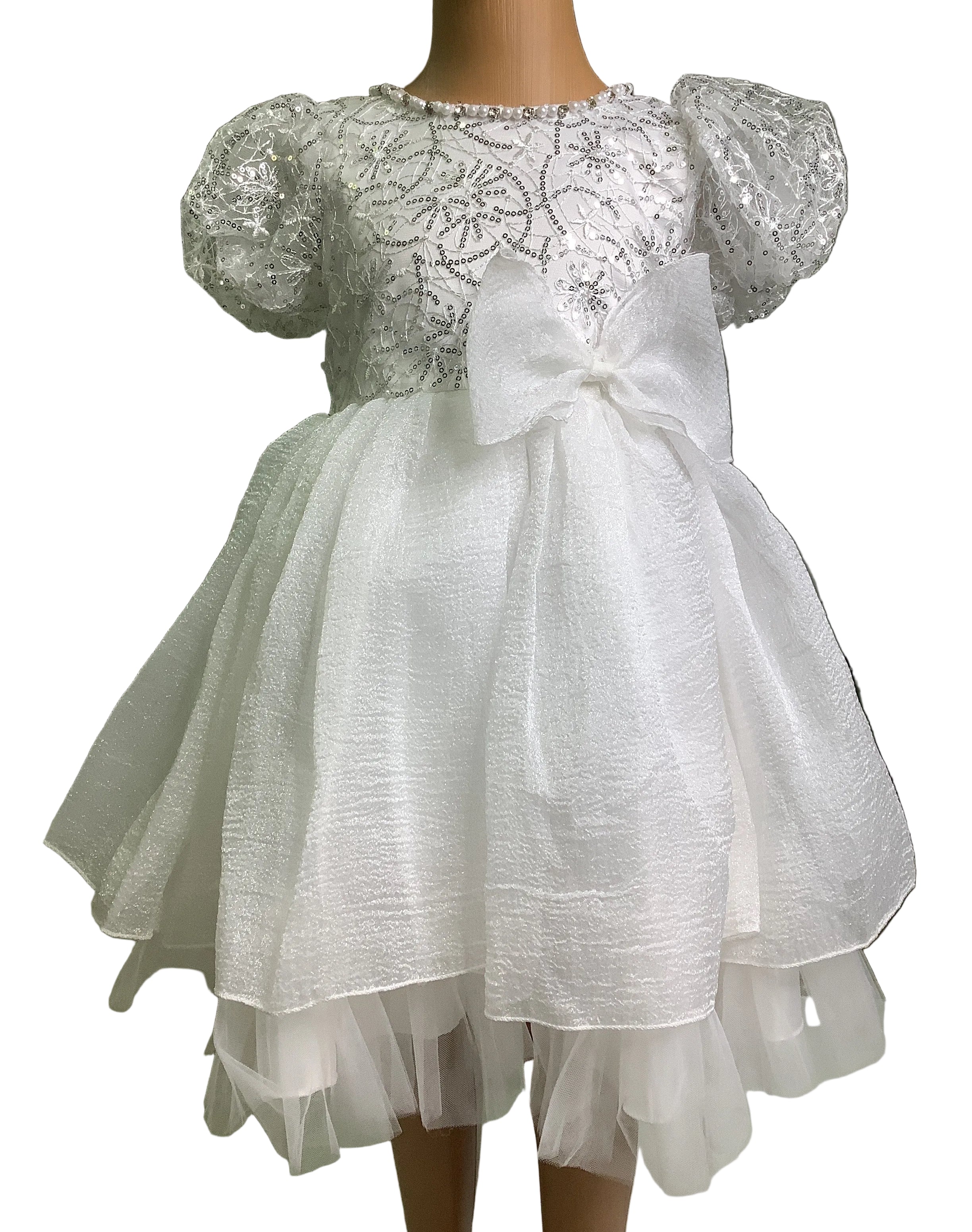 Girls White Gown With Sequence Design.