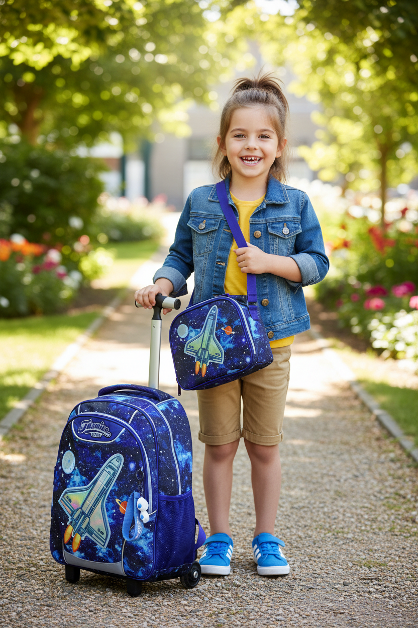 Jasmine Star Space Travel Back to School Trolley Bag With Lunch & Pencils Bag