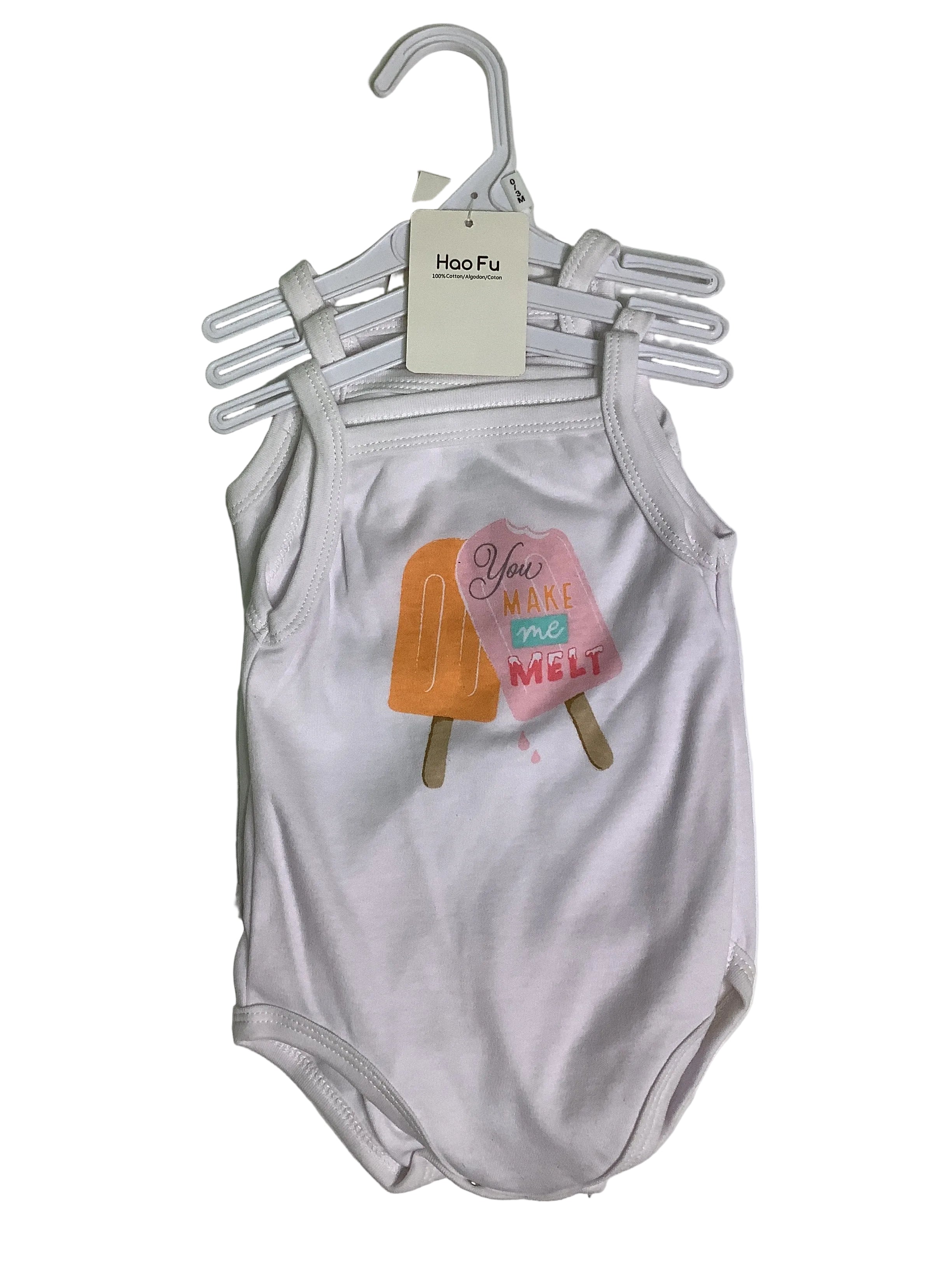 Hao Fu White Baby Body Suit With Design (3pices)