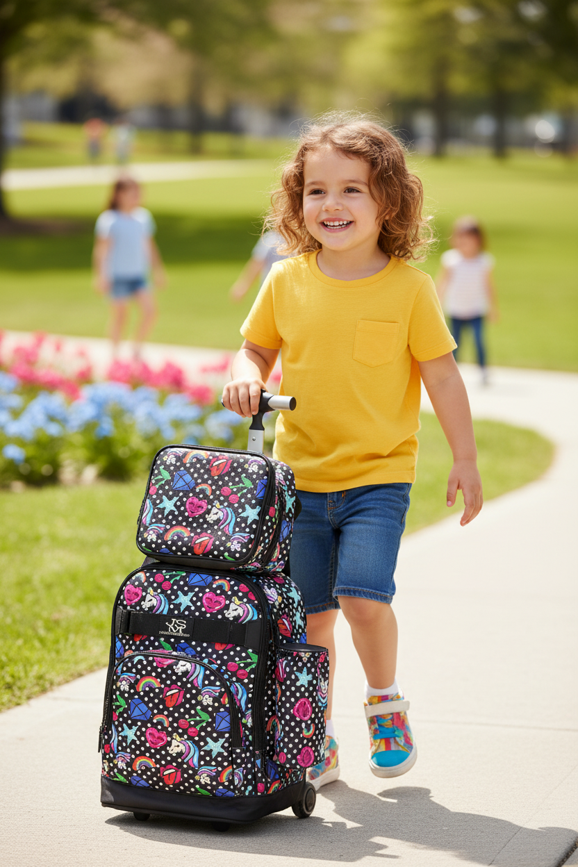 Jasmine Star Unicorn Design Back to School Trolley Bag With Lunch & Pencils Bag