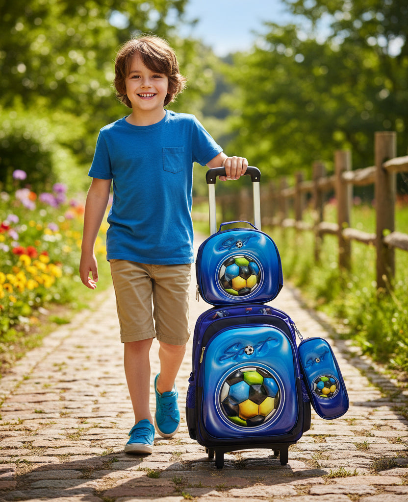 Sport Football Character Back to School Trolley Bag With Lunch & Pencils Bag