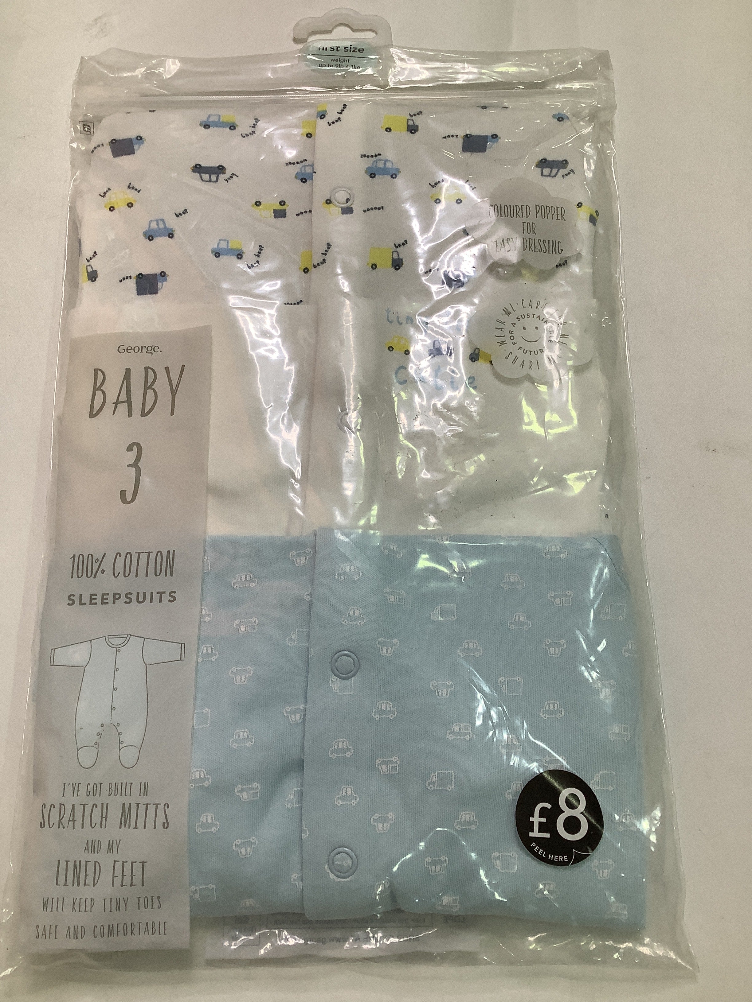 George 3in1 Baby SleepSuit Scratch Mitts And Lined Feet(First Size/New Born)