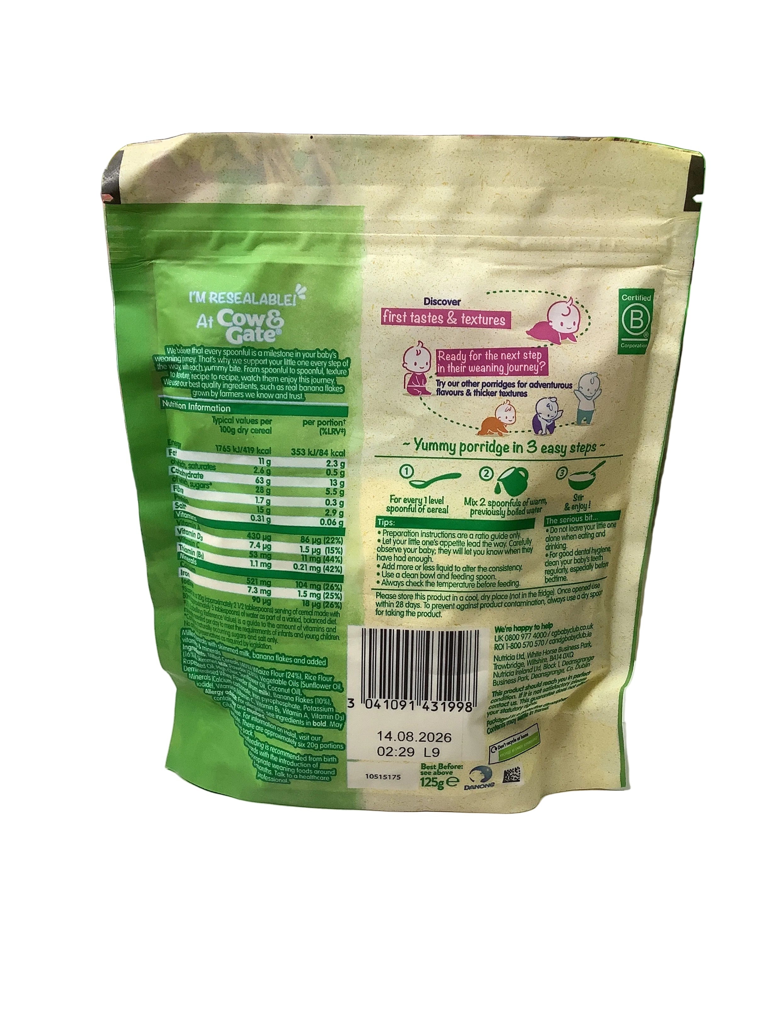 Cow & Gate Banana Porridge Baby Cereal 125g (4-6Months)
