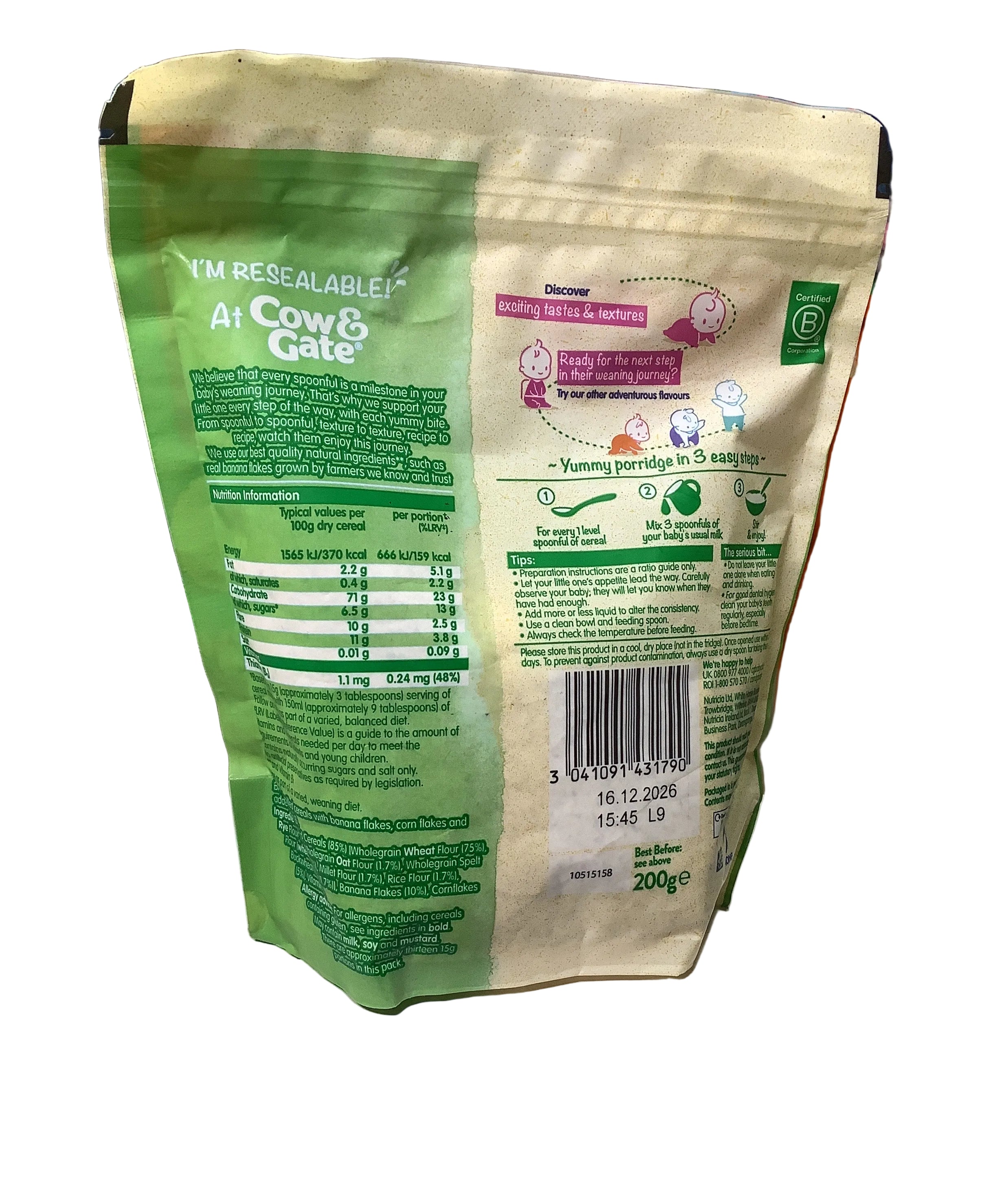 Cow & Gate Banana Wholegrain Porridge with Buckwheat Baby Cereal 200g ( from 7Months)