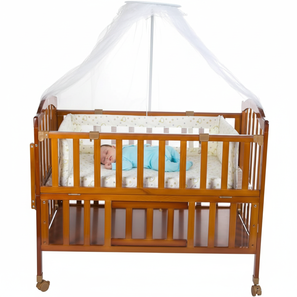 Cool Baby Wooden Brown Bed with Net