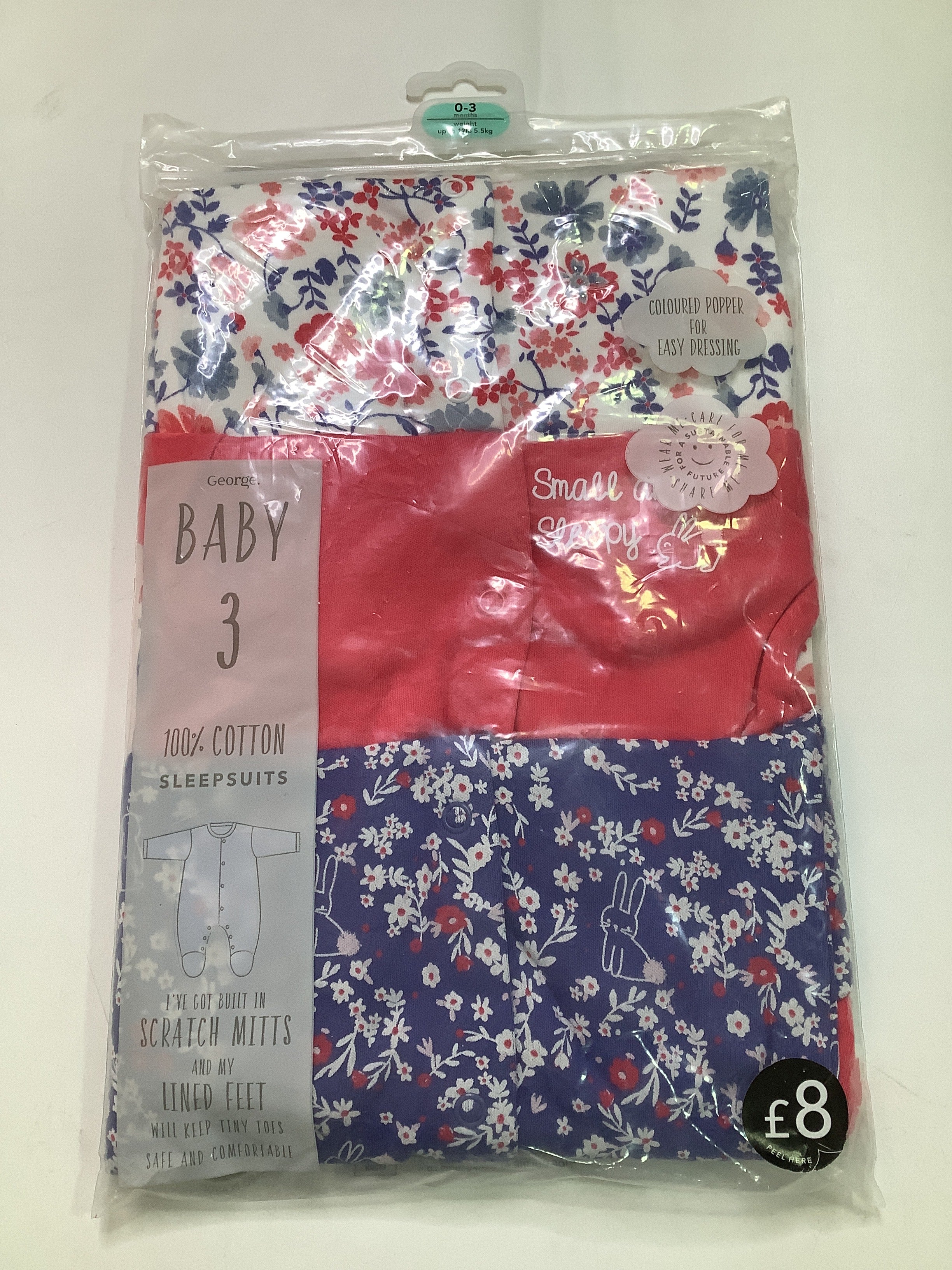 George 3in1 Baby SleepSuit Scratch Mitts And Lined Feet(0-3months)