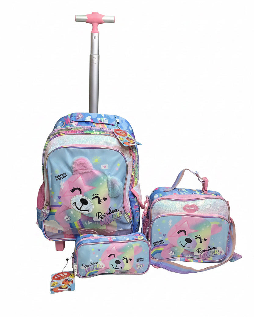 Perfect For You Kids Rainbow Lover Strolley Back Bag With Lunch & Pencils Bag