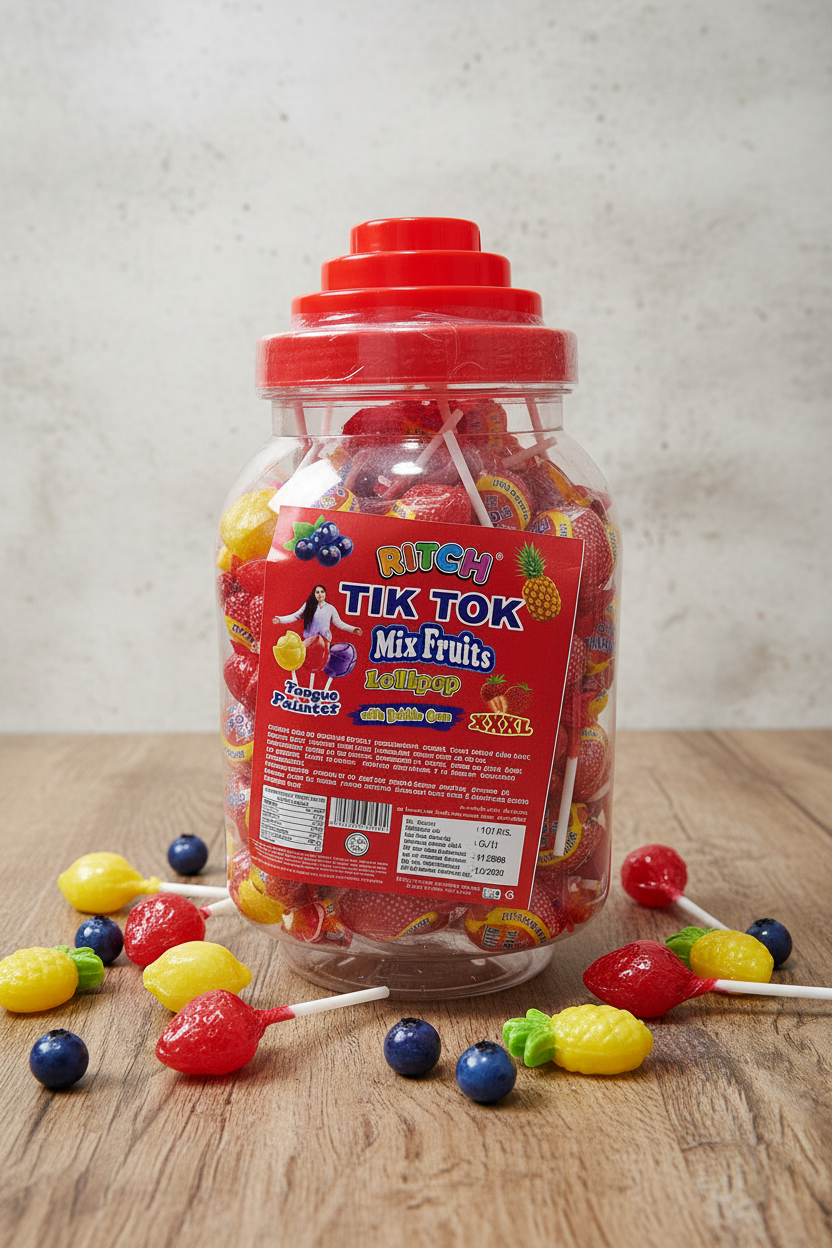 Ritch Milk Mix Fruits Lollipop With Bubble Gum.