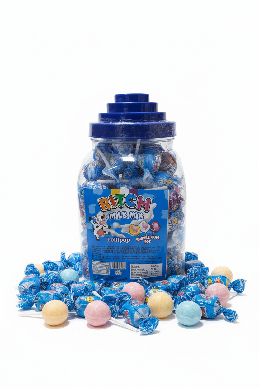 Ritch Milk Mix Lollipop With Bubble Gum Pop.