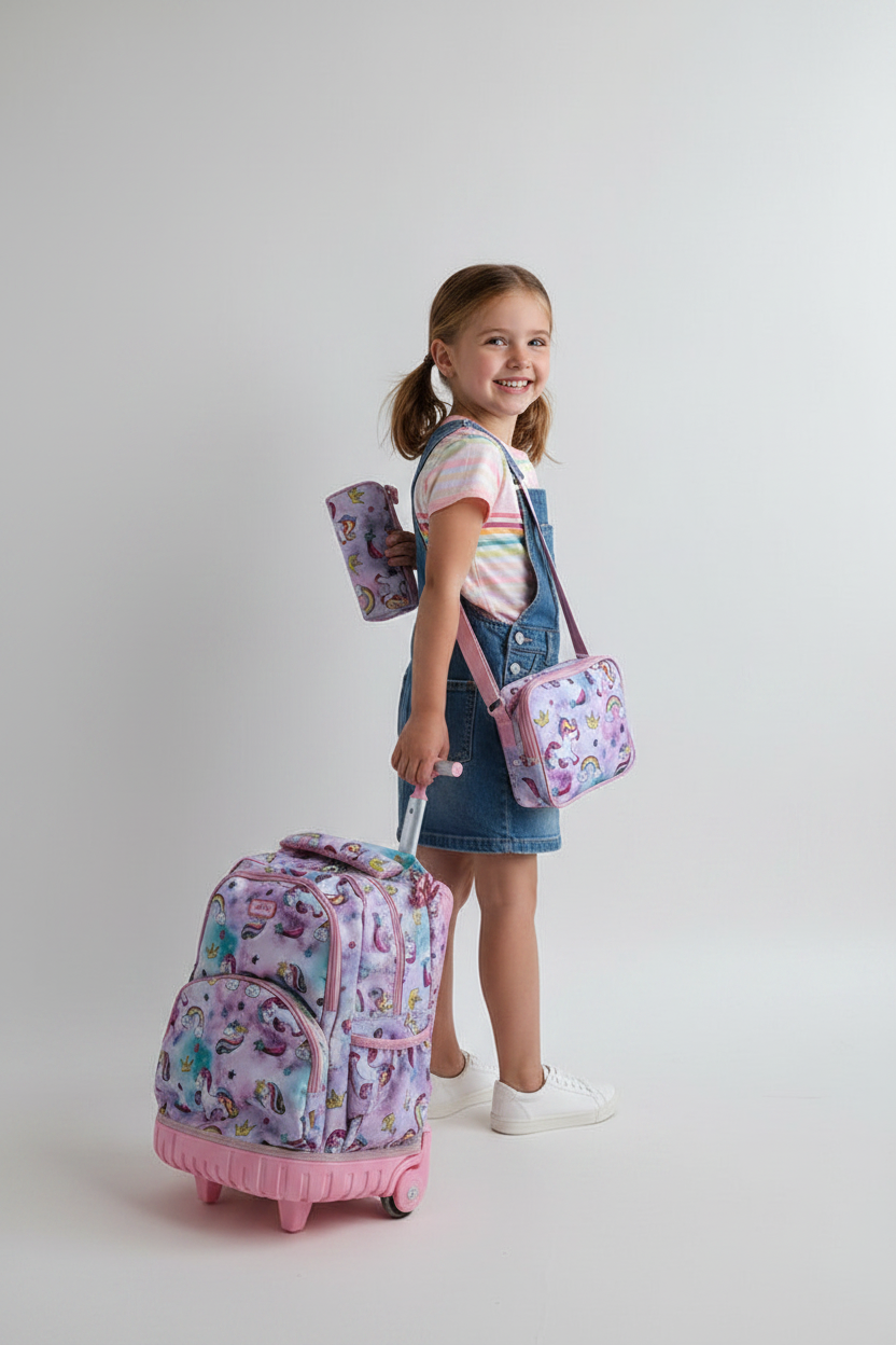 Jasminestar Rainbow Unicorn Back To School Trolley Bag With Lunch & Pencils Bag.