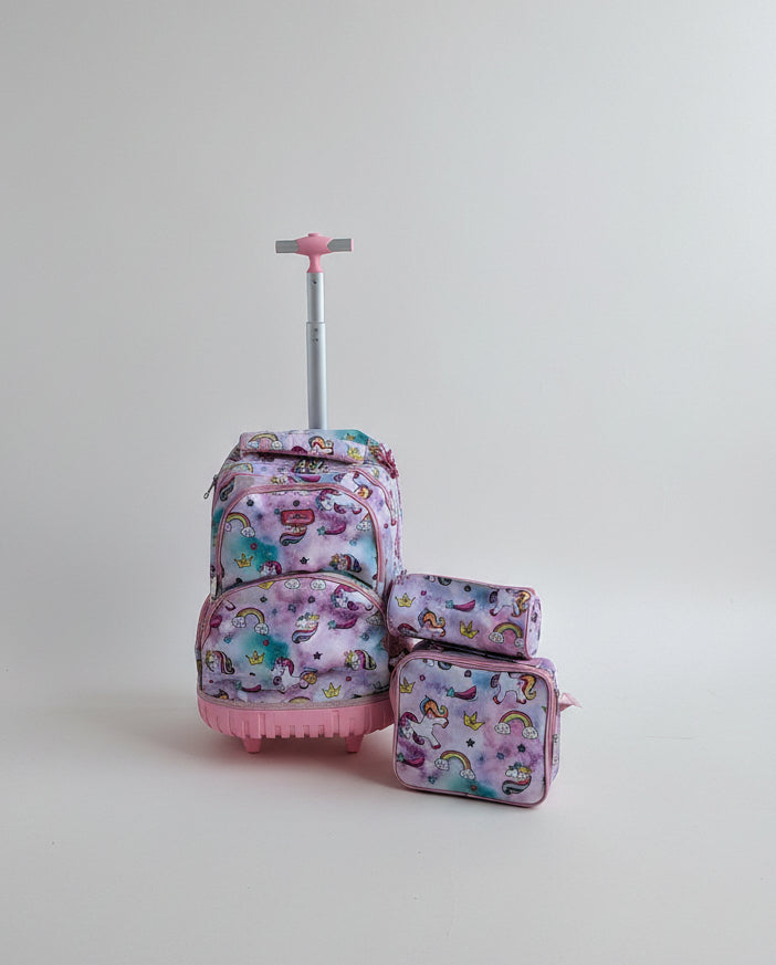 Jasminestar Rainbow Unicorn Back To School Trolley Bag With Lunch & Pencils Bag.