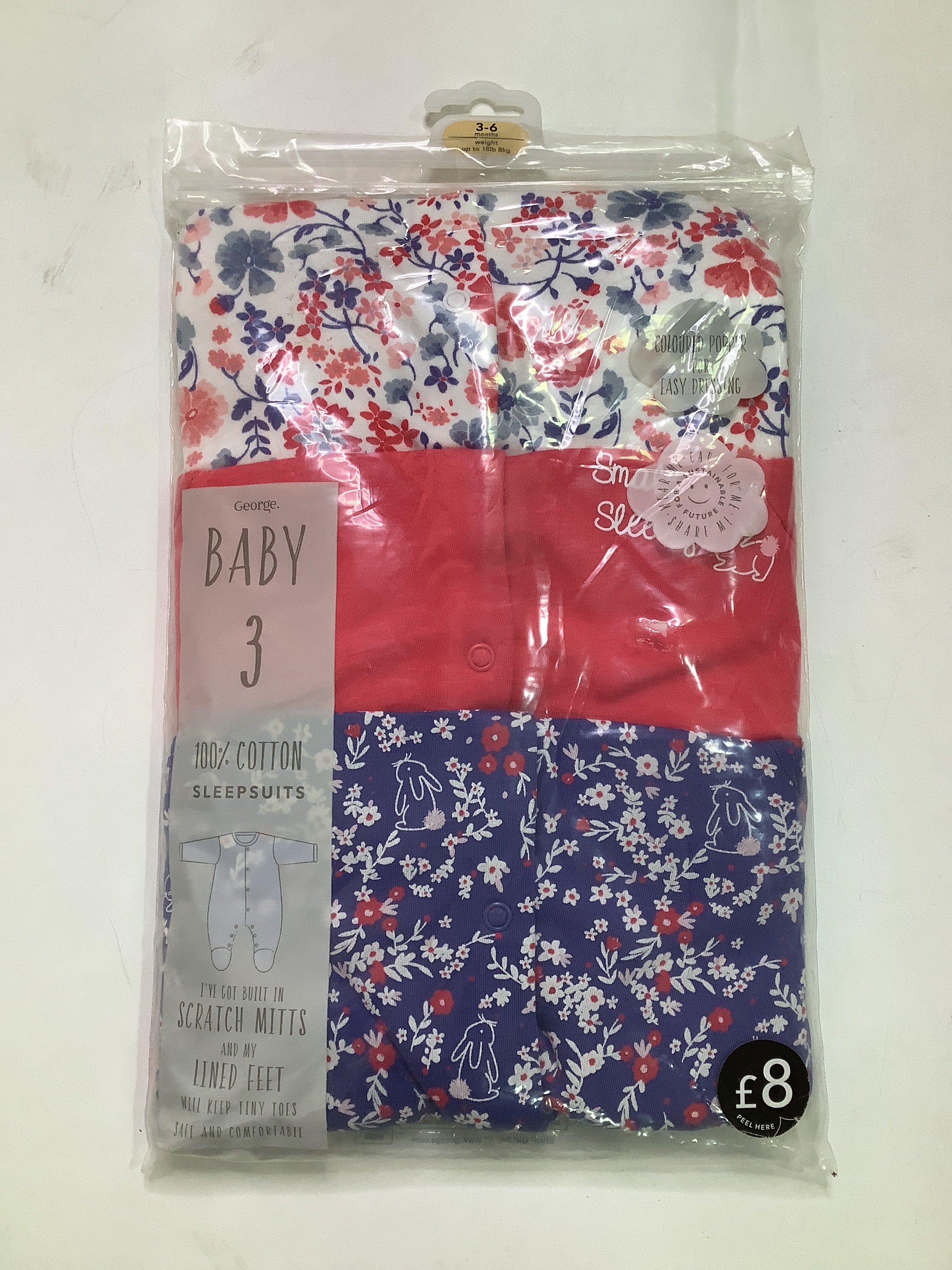 George 3in1 Baby SleepSuit Scratch Mitts And Lined Feet(3-6months)